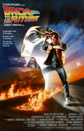 Movie poster for Back to the Future, featuring a man in a leather jacket and jeans standing beside a flying car with flames licking the ground, under a dark blue and orange sky. Large title text reads 'Back to the Future' at the top, with credits along the bottom.