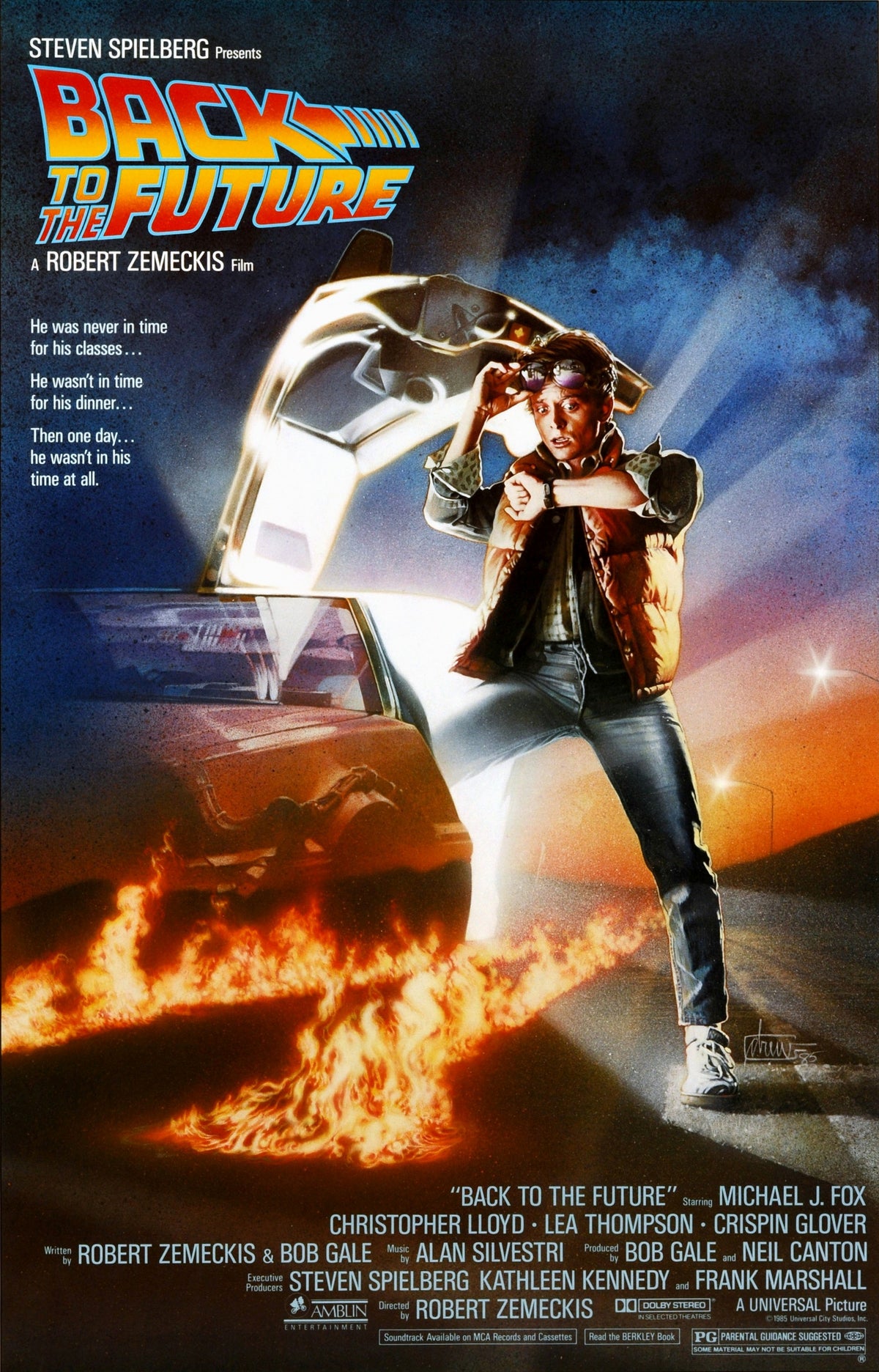 Movie poster for Back to the Future, featuring a man in a leather jacket and jeans standing beside a flying car with flames licking the ground, under a dark blue and orange sky. Large title text reads 'Back to the Future' at the top, with credits along the bottom.